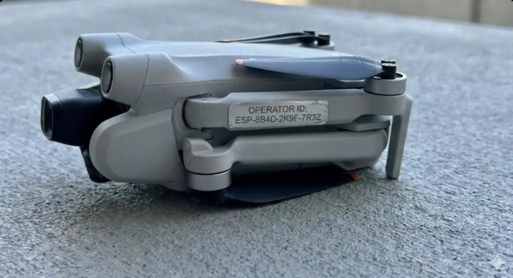 Un dron amb la seva placa identificativa visible en un braç.